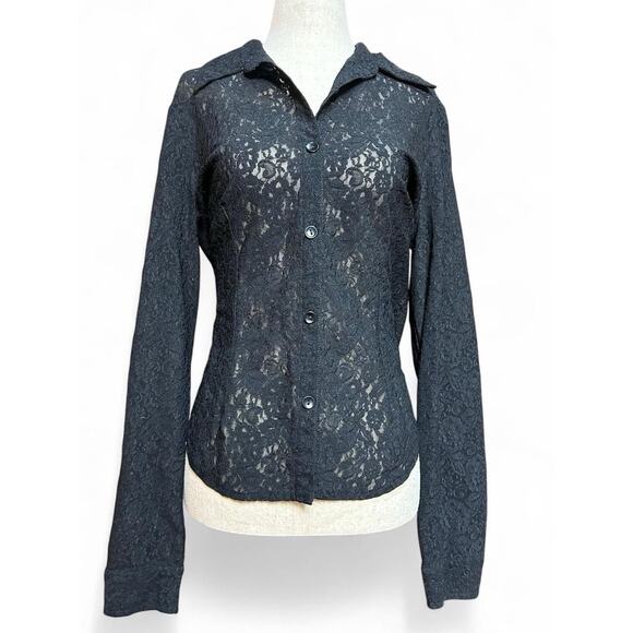 NY&CO Sheer Floral Lace Button Up Top Sz M Slim Tailored Goth Whimsigoth Witchy - Picture 1 of 6